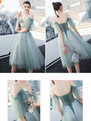 Green Tulle V-neckline Floral Tulle Knee Length Party Dress