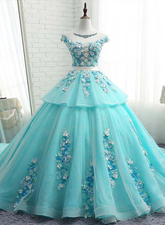 Lovey Blue Layers Ball Gown Tulle with Flowers Sweet 16 Gown