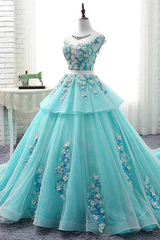 Lovey Blue Layers Ball Gown Tulle with Flowers Sweet 16 Gown