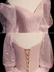 Vestido largo formal de tul rosa con mangas cortas