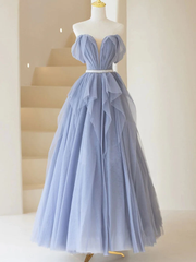 Blue Sweetheart Tulle Off-the-Shoulder Floor-Length Prom Dresses