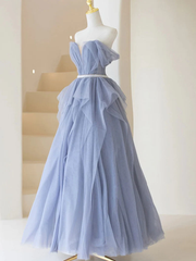 Blue Sweetheart Tulle Off-the-Shoulder Floor-Length Prom Dresses