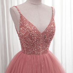 Vestido de noche largo con tirantes y escote en V y lentejuelas rosa oscuro