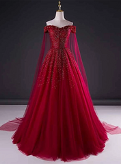 Vestido de fiesta largo de tul rojo vino con cuentas y brillo