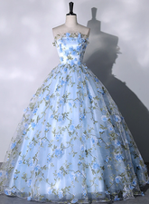 Blue Floral Sweetheart Floor Length Formal Dresses