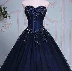Vestido largo de fiesta de tul con apliques de encaje azul marino
