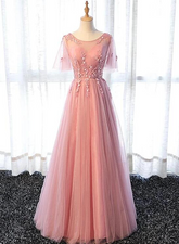Pink Tulle A-line Long Party Dress