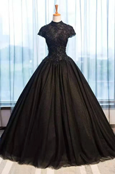 Beautiful Black Cap Sleeves Long Tulle Party Dress