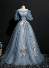 Blue Short Sleeves Long Tulle with Flower Applique Party Dress
