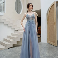 Charming Blue V-neckline Straps Beaded Top Long Party Dress