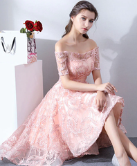 Pink High Low Lace Off Shoulder Soop Party Dresses