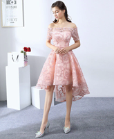 Pink High Low Lace Off Shoulder Soop Party Dresses