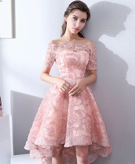 Pink High Low Lace Off Shoulder Soop Party Dresses