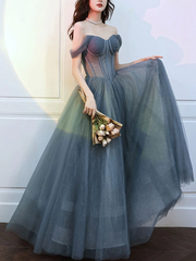 Beautiful Grey Tulle Off Shoulder Long Prom Party Dress