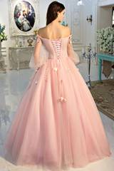 Precioso vestido rosa largo con mangas abullonadas y hombros descubiertos para fiesta de 16 años