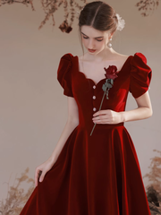 Wine Red Velvet Short Sleeves Long Wedding Party Dress