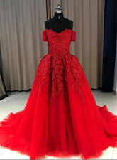 Red Gorgeous Sweetheart Off Shoulder Lace Applique Ball Gown Prom Dress