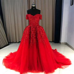 Red Gorgeous Sweetheart Off Shoulder Lace Applique Ball Gown Prom Dress