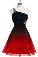 Red and Black One Shoulder Chiffon Beaded Homecoming Dress