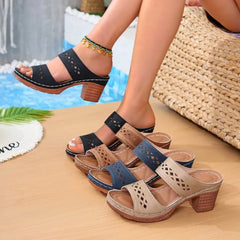 Retro Hollow Out Thick-Heeled Sandals Lightweight High Heels Slippers Woman Plus Size Platform Sandles 43