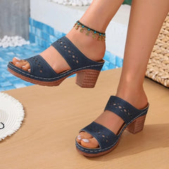 Retro Hollow Out Thick-Heeled Sandals Lightweight High Heels Slippers Woman Plus Size Platform Sandles 43