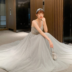 Shiny Beaded V Back Tulle Long Prom Dress