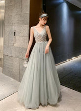 Shiny Beaded V Back Tulle Long Prom Dress