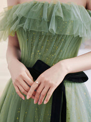 Light Green Tulle Off Shoulder Shiny Tulle Party Dress