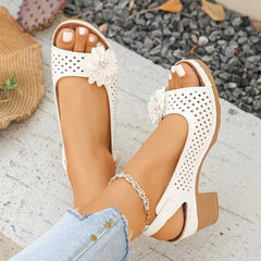 Open-Toe Hollow Out Thick Heel Sandals with Flower Decoration Back Strap Design Increased Breathable PU Upper Rubber