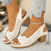 Open-Toe Hollow Out Thick Heel Sandals with Flower Decoration Back Strap Design Increased Breathable PU Upper Rubber