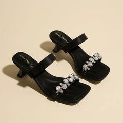 Square Toe High Heels Slippers Luxury Crystal Shoes Sexy Heeled Sandals Party