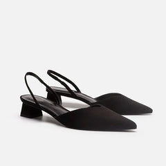 Black Baotou Sandals Woman Heels Pumps Silk Sexy Pointed Female Low Heels Shoes
