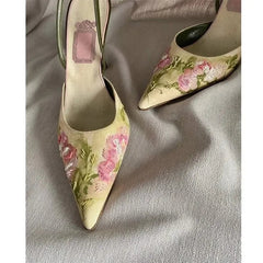 Chinese Shallow Mouth Baojiao Sandals Embroidery Pointy Stiletto Heels Style Hanfu Shoes Chinese Classical