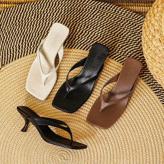 Soft Leather Square Toe Cat with Flip-flops Thin Belt Thin Heel Soft Sole Flip-flops