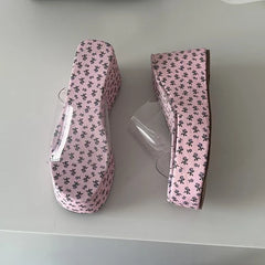 Platform Wedge Slides Clear Transparent Strap Open Toe Slip on Mules Casual Thick Sole Slippers Sandals