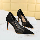 Wine Red Lace Flower Pumps Shallow Mouth Mesh Hollow High Heel Party Single Shoes Stilettos Pointed Toe Pumps
