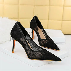 Wine Red Lace Flower Pumps Shallow Mouth Mesh Hollow High Heel Party Single Shoes Stilettos Pointed Toe Pumps