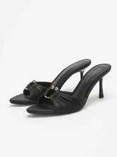Stylish Elegant Satin Ruched Metal Round Buckle Open Toe Stiletto Heel Mule Sandals - Perfect Pairing with Dr