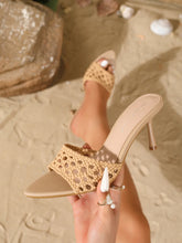 Stylish Elegant Woven Cutout Single Strap Low-Cut Open Toe Stiletto Heel Mule Sandals
