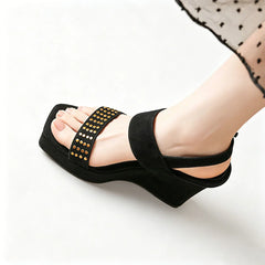 genuine leather suede rivets platform wedge sandals square head wedge buckle strap sandals Roman sling back sandals