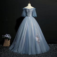 Blue Short Sleeves Long Tulle with Flower Applique Party Dress