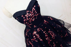 Simple Short Black Tulle Party Dress with Floral