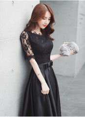 Vestido de fiesta de boda largo de satén negro con encaje, mangas cortas y corte A