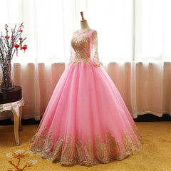 Pink Long Sleeves Tulle Round Neckline Sweet 16 Dresses