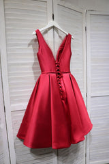 Red Satin V-neckline Knee Length Homecoming Dress