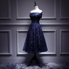 Vestido de dama de honor con hombros descubiertos y encaje azul marino, vestido formal azul