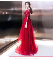 Wine Red Tulle Long Sleeves Lace Applique Party Dress