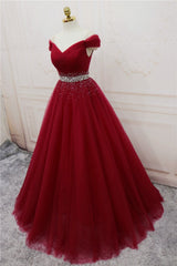 Beautiful Burgundy Long Tulle Off Shoulder Prom Dress