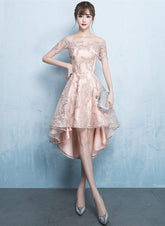 Beautiful Champagne High Low Lace Homecoming Dress