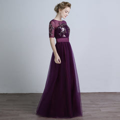 Dark Purple Short Sleeves Tulle with Sequins Applique Party Dress